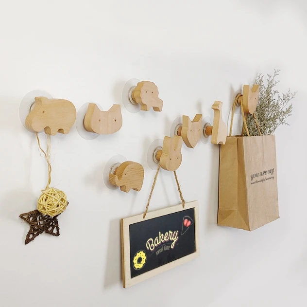 Fun Animal Creative Wooden Traceless Adhesive Hook  Hat  Door Back Hook Beech Wood Clothes Hook