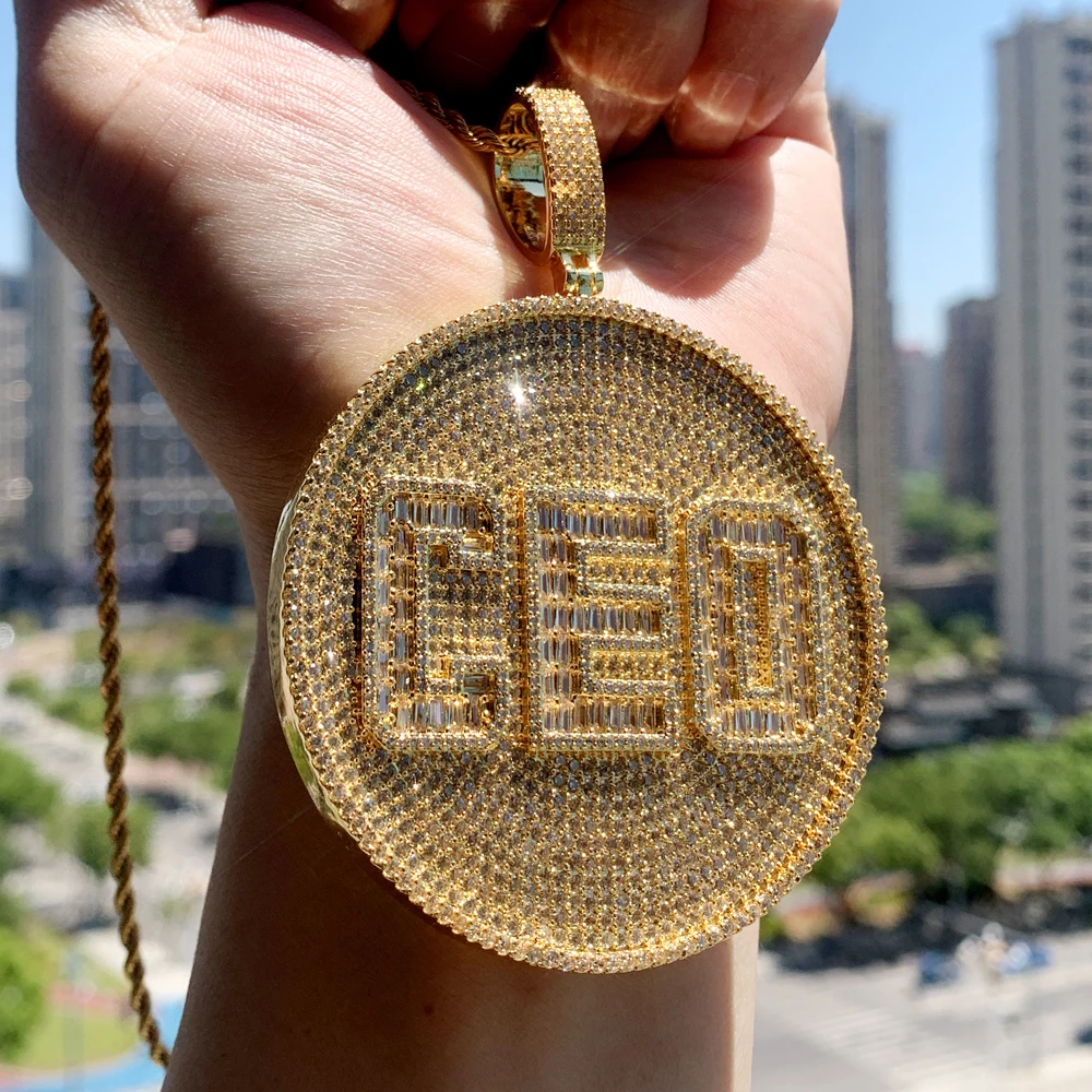 Luxury Big Round Shaped Micro Pave CZ Iced Out Bling Letter CEO Hip Hop Pendant For Men