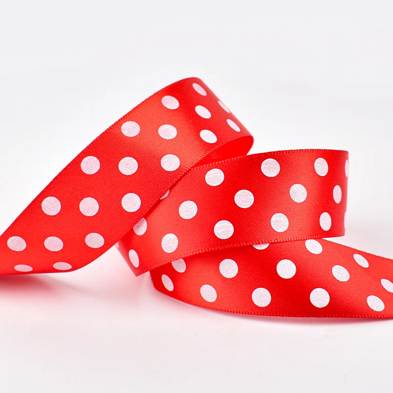 Customised Ribbon Roll White Polka Dot 25mm Satin ribbon With Logo Dot Printing ribbons