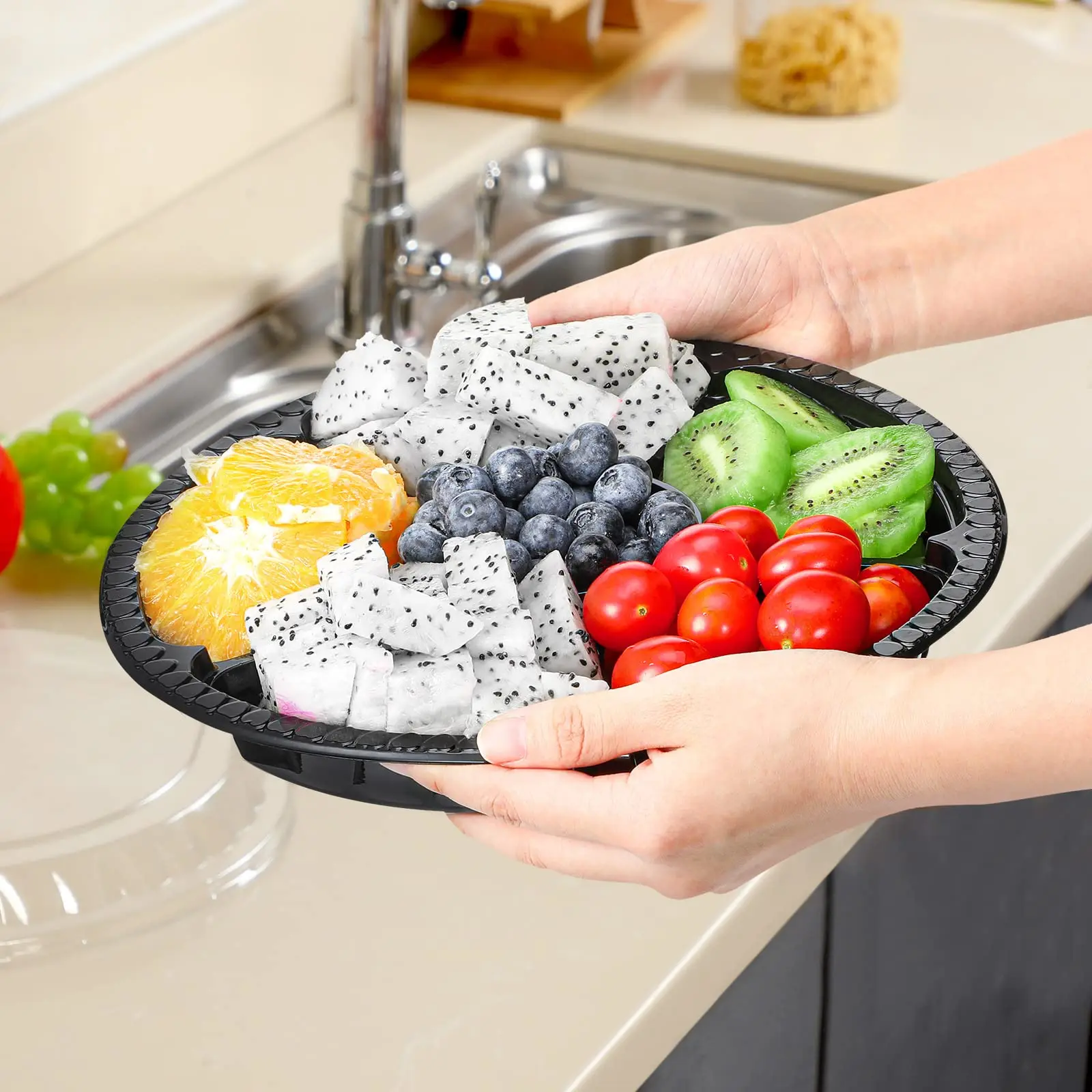 Factory Wholesale Custom Disposable Food Fruit Serving Tray Clear Packing Takeaway Container Packaging Tray with Black Lids
