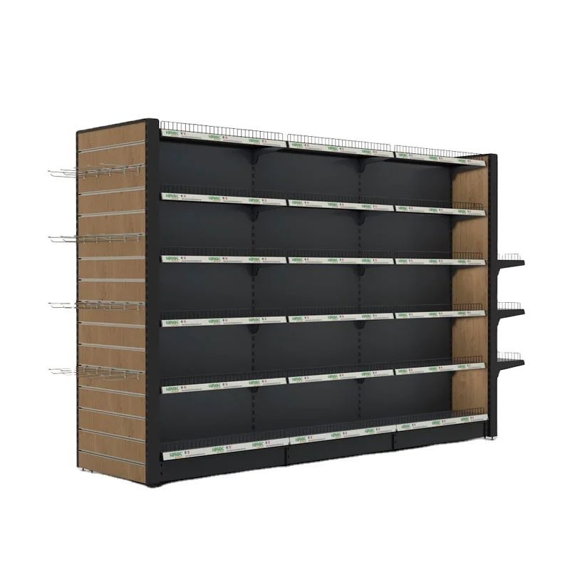 High Quality Single Sided Black Panel Back Gondola Grocery Store Shelves With Crossbar For Supermarkets And Shops