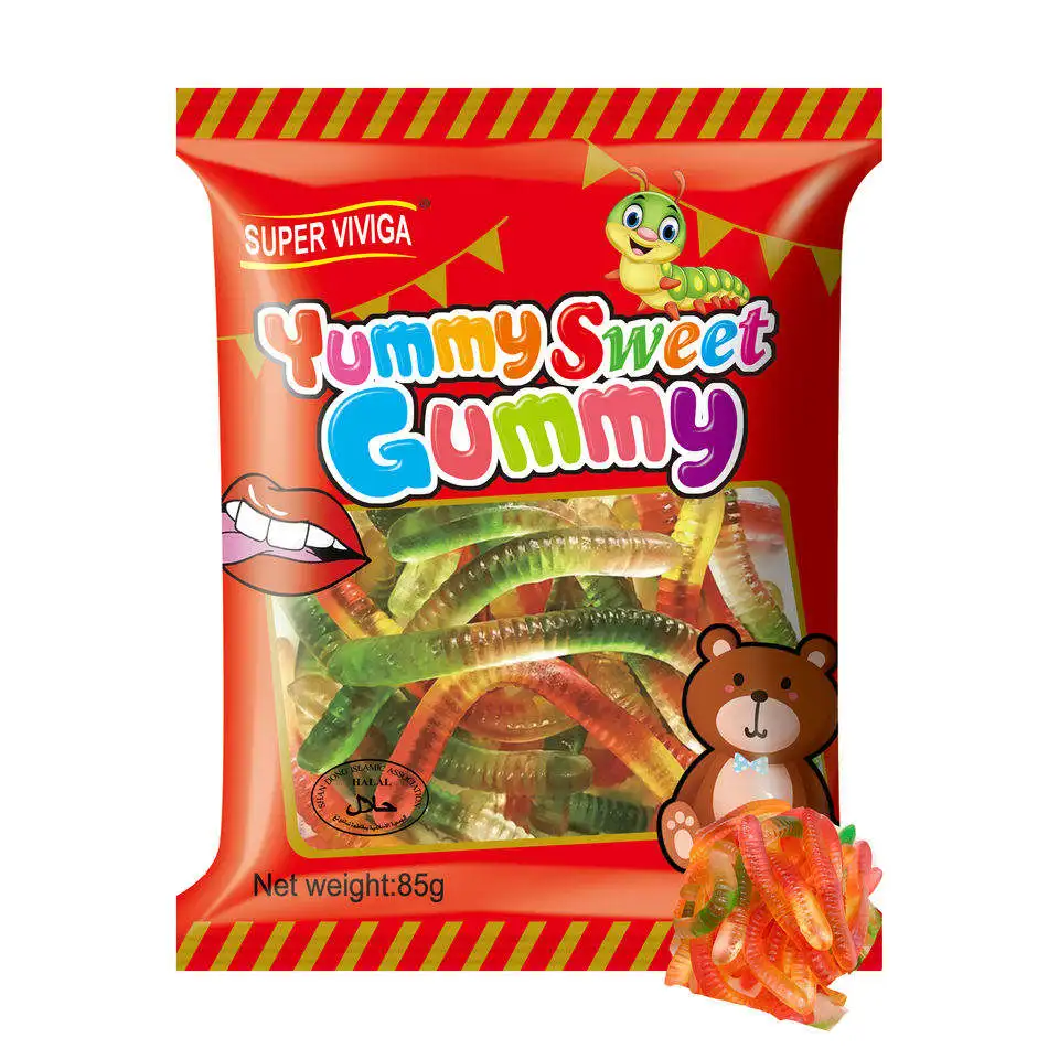 Chinese Candy Wholesalers Custom Halal Sugar Coated Bulk  Sour Worm Shape Jelly Gummy Candy