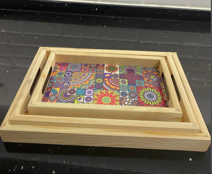 W90 Personalized 3-Piece Wooden Serving Tray with custom UV printing bottom,Pine tray with printed design bottom board