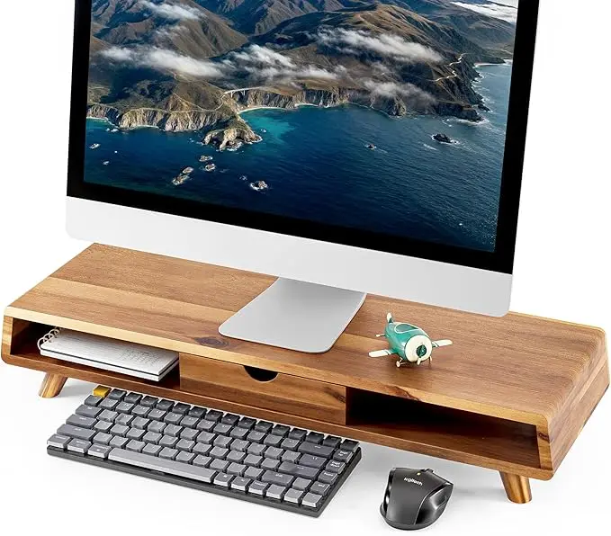 Acacia Wood Multi-Functional Desktop Drawer Organizer Monitor Stand Computers TVs 24.4 inches 8 inches wide 12.7 cm high