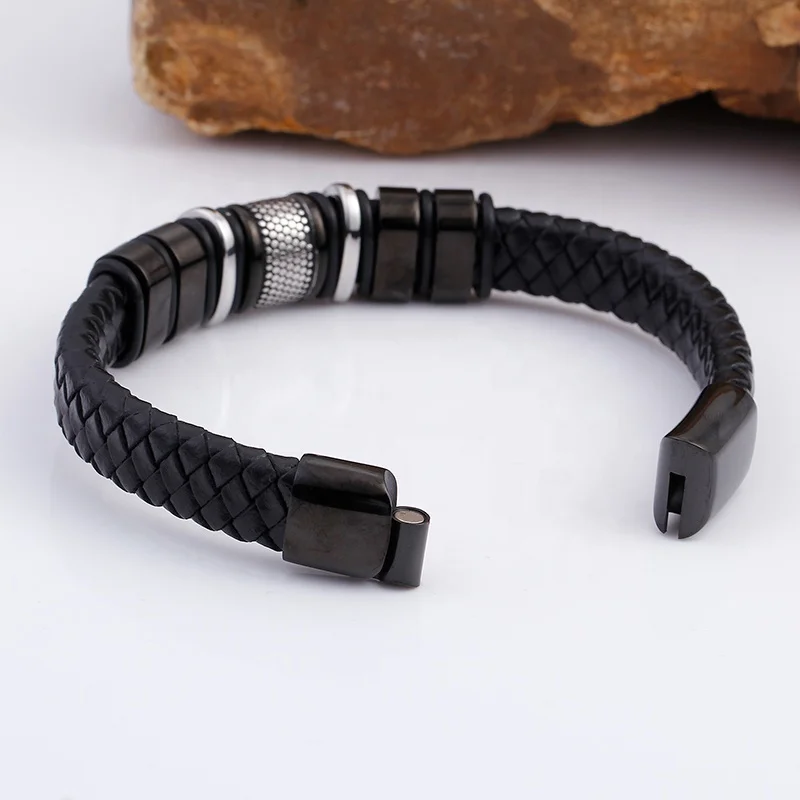 High Quality Black Magnetic Clasp Braided Leather Men Bracelet Stainless Steel Jewelry