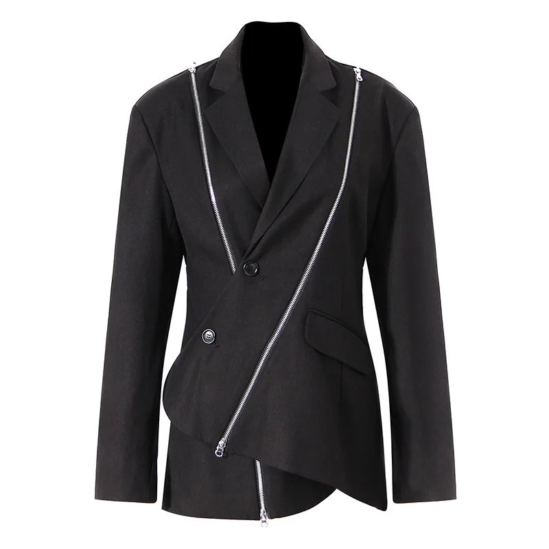 Women Blazer Suit 2022 New Asymmetric Jacket Metal Zipper Decorated Long-sleeved Coat Blazer