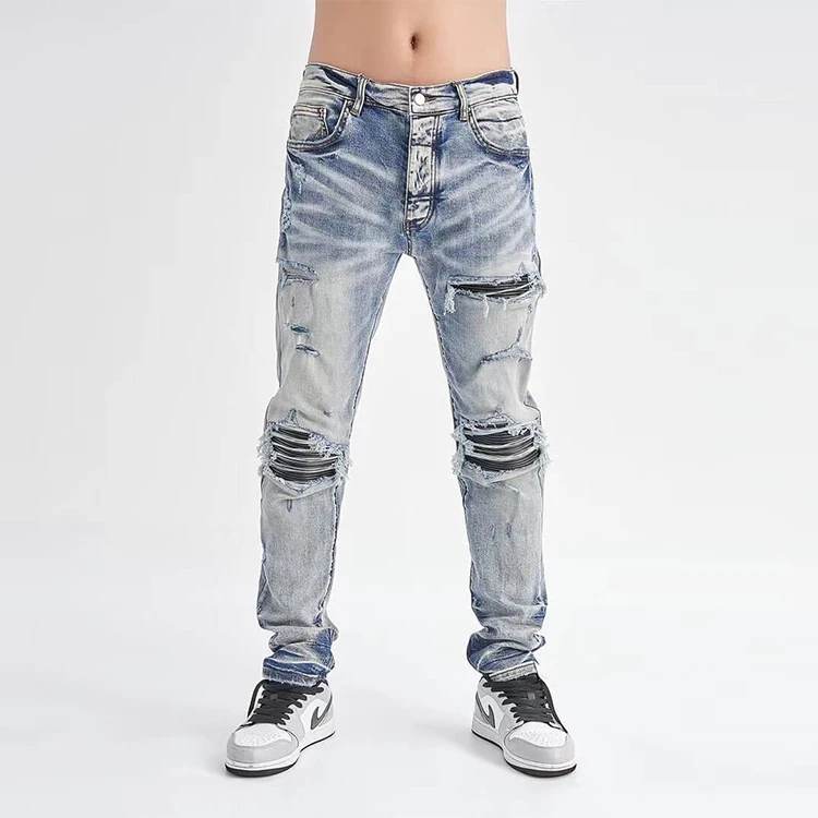 Manufacturers custom men denim clothing casual fashion design style men jeans leather patch ripped jeans wholesale