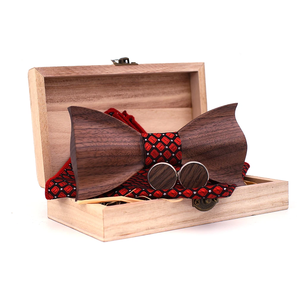 Wooden Bow tie Handkerchief Cufflinks Sets for Mens Suit Wooden Bow Tie Bowknots Wedding Party Ties Cotton Engraving Cravat