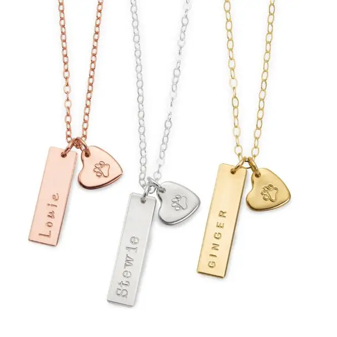 Pet Remembrance Necklace Jewelry Personalized Engraveable Blank Vertical Bar Heart Pendant Cat Dog Paw Print necklace