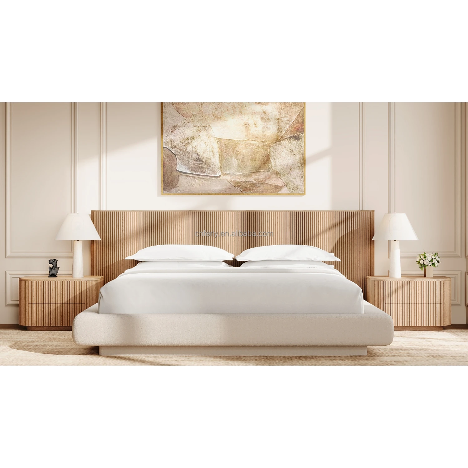 FERLY Bedroom Furniture Luxury King Size Bed Classic Side Curved Headboard Extended Panel Bed With Fabric Base Nightstand Set