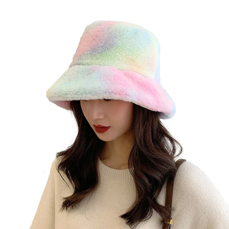 
New fashion warm tie dye hat winter plush rainbow faux fur fisherman hat outdoor bucket hats 