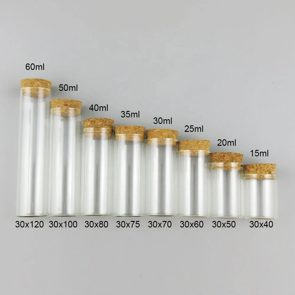 free sample 15ml 20ml 25ml 30ml 35ml 40ml 50ml 60ml clear glass flat bottom test tube with cork stoppers for goods packaging