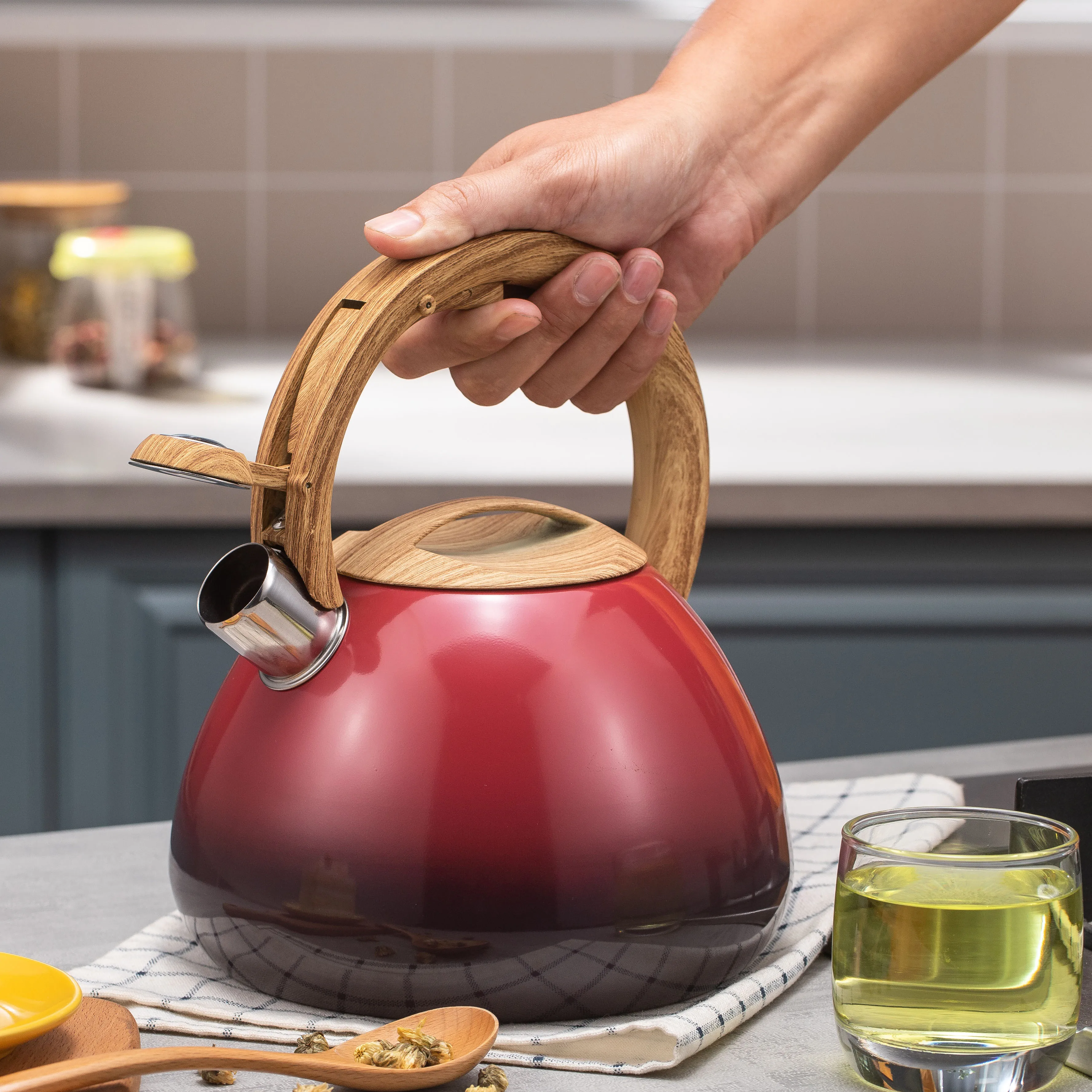 Home Water Kettle Wooden Handle Stovetop Teapot Kitchen Stainless Steel Whistling Tea kettle