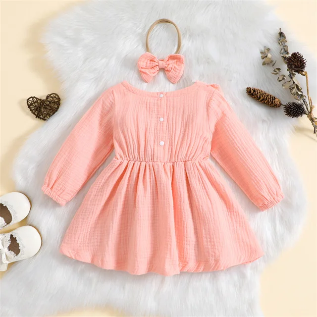 Autumn Casual Outfits Cotton Linen Solid Ruffle Long Sleeves A-Line  Headband Toddler Girls Toddler Suspender Skirt