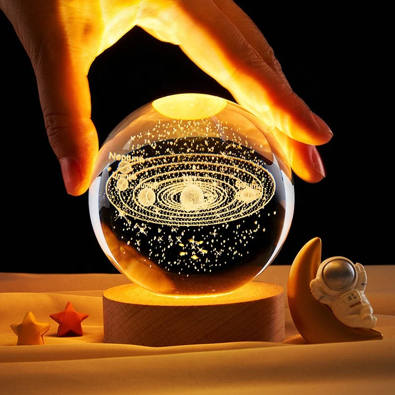 60 мм Стеклянная солнечная система планета Сфера 3D лазерная гравировка галактика хрустальный шар с деревянной основой светодиодный ночник