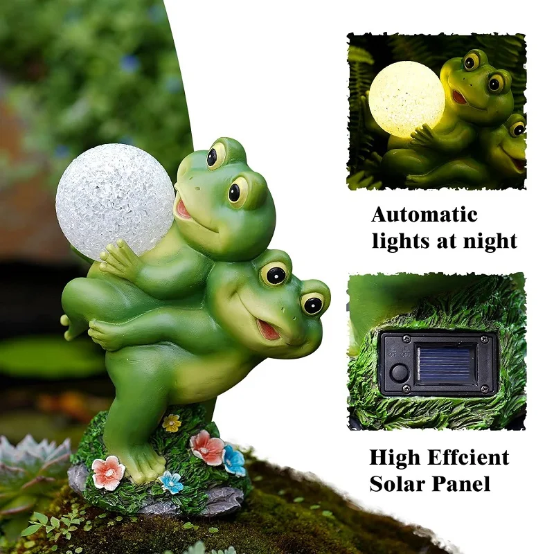 Resin Animal Sculptures Frog Garden Decor Solar Powered Decorations Two Frogs with Solar Lamps Lawn Ornament