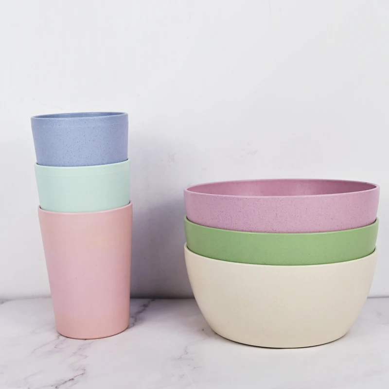 3pcs wholesale custom dinner sets biodegradable wheat straw Bowls plate and cup homeware