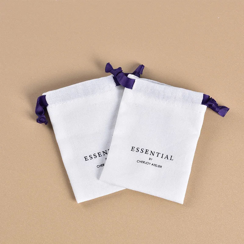 Custom Logo Printed Canvas Linen Jewelry Pouch Eco Friendly Gift Drawstring Pouch Organic Small Cotton Linen Drawstring Bag