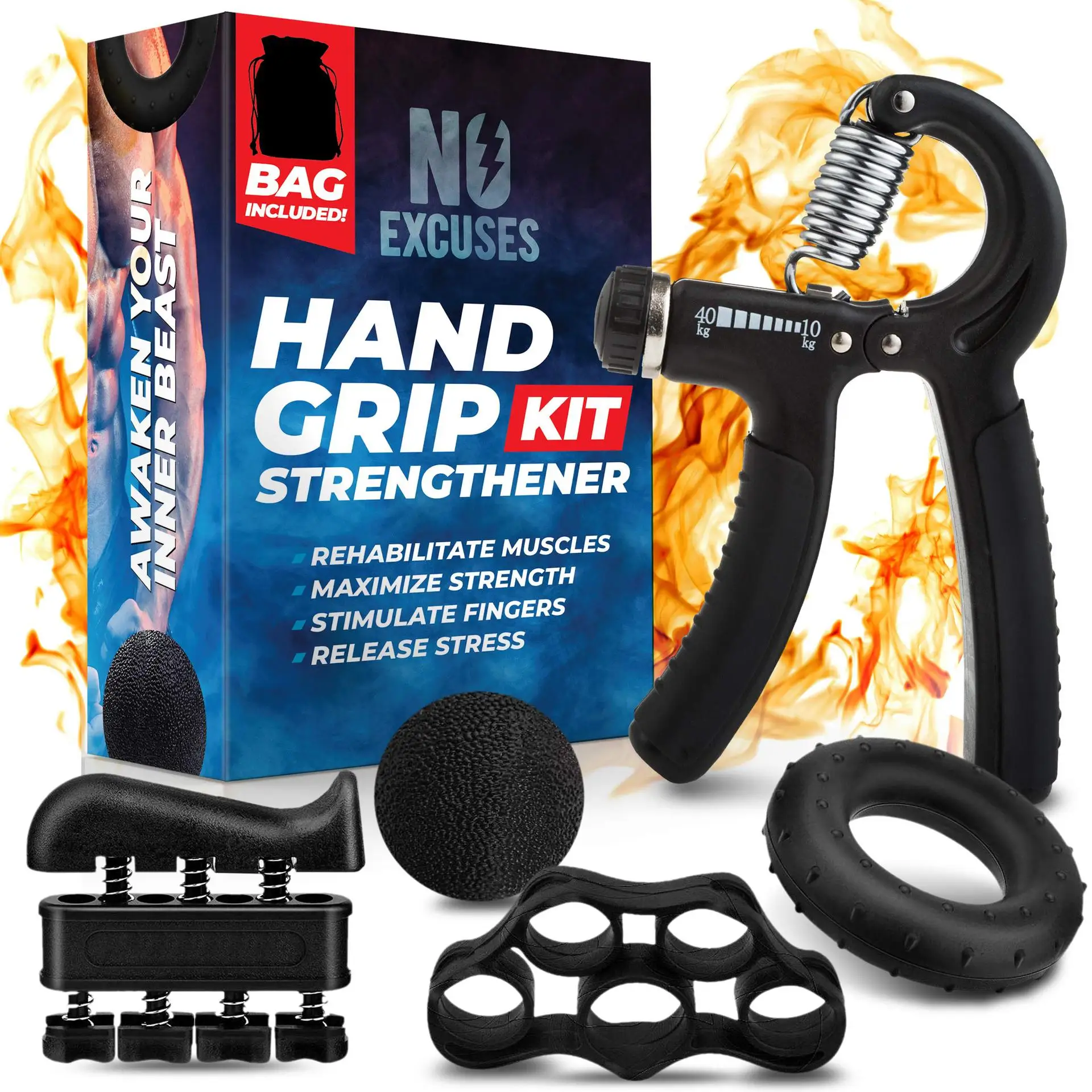 Hand Grip Strengthener Set 5 Pack Strength Training Equipment Forearm Finger Exerciser Adjustable Hand Gripper ,Finger Stretcher