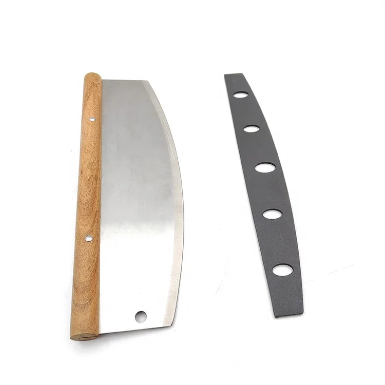 Pizza Cutter Rocker  Stainless Steel Slicer Knife with Wooden Handle & Blade Cover Premium Pizza Oven Accessories