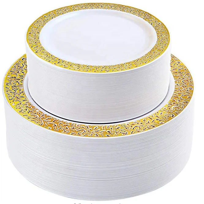 120 Pieces Gold Plastic Disposable Wedding Plates Include 60pcs 10.25inch plates,60pcs 7.5inch plates
