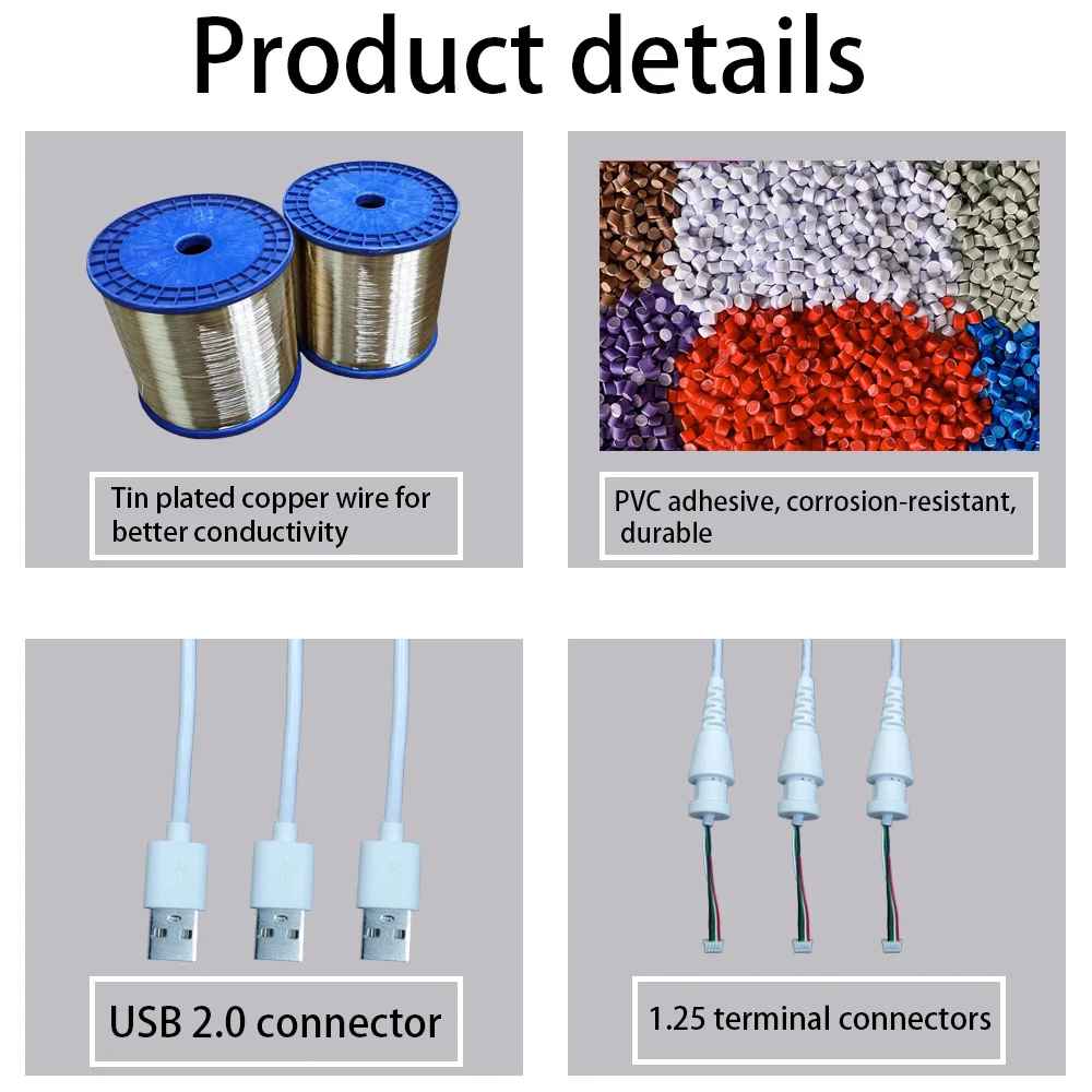 USB connection cable, white PU medical cable, 1.25 terminal wire, pure copper, 5-core cable, customized for processing