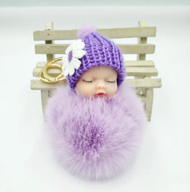 Wholesale 8cm Cute Pom Pom Ball Plush Keychains Sleeping Baby Doll Cartoon Pendant Key Ring Key Chain