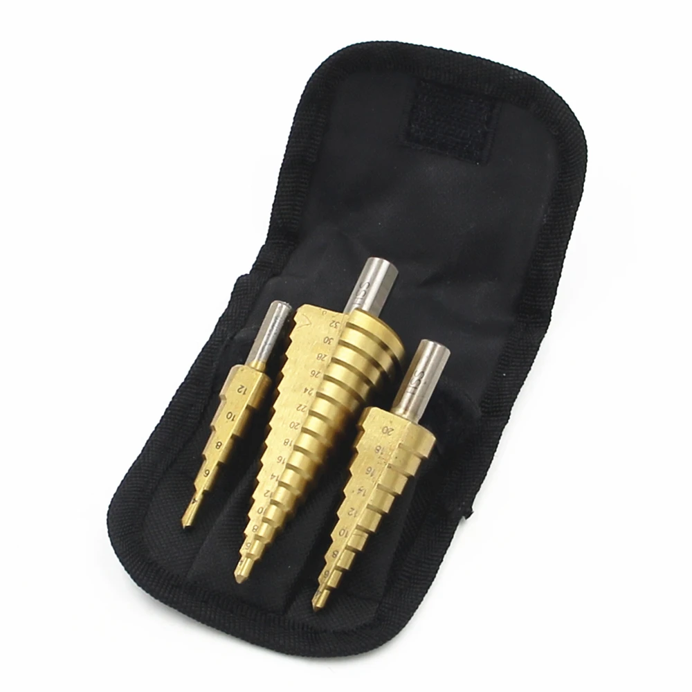 Набор конусных ступенчатых сверл, комплект из 3 насадок из быстрорежущей стали с метрическим титановым треугольным хвостовиком в форме пагоды, 4-12/20/32 мм