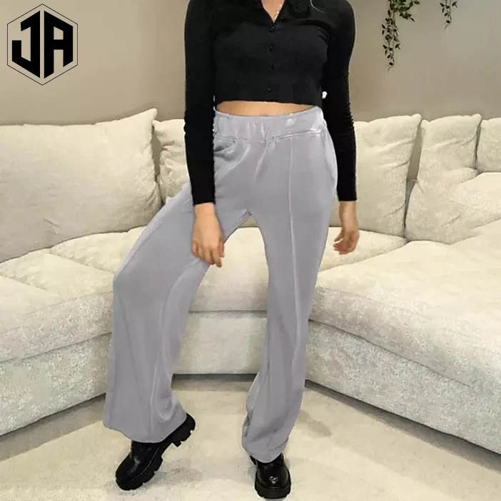 
Top Sales Silver Elastic Waistband Side Pocket Long Trousers Running Sweatpants Fitness Women Wide Leg Pants Joggers 