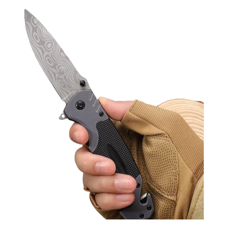 Customized Outdoor Knives Hunting Folding Pocket Stainless Steel Tactical Survival Knife with Damascus Laser