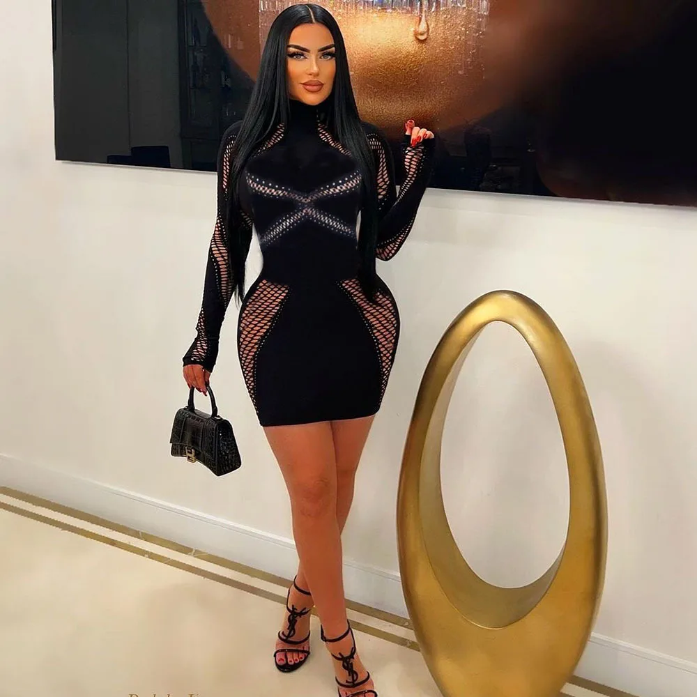 Free size long sleeve black dress tight bodycon hollow out womens dresses fashion 2014