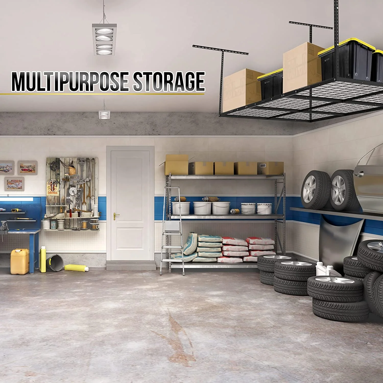 Overhead Garage Shelving Storage Rack Adjustable Ceiling Garage Shelf Heavy Duty Mounted Storage Shelves With 4 Flat Hooks