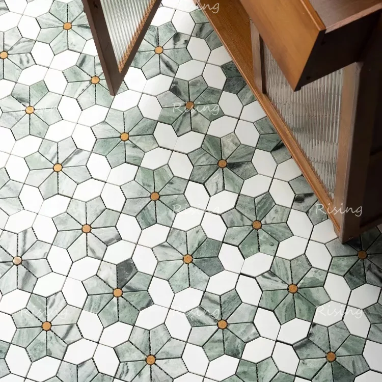 Waterjet Marble Green Marble Flower Mosaic Hotel Restaurant Balcony Bathroom Wall Cafe Floor Tile