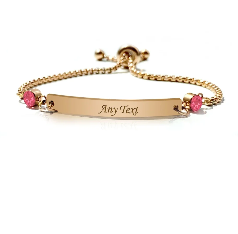 Custom Personalized Stainless Steel Birthstone Natural Stones Engraved Bar Adjustable Bracelets