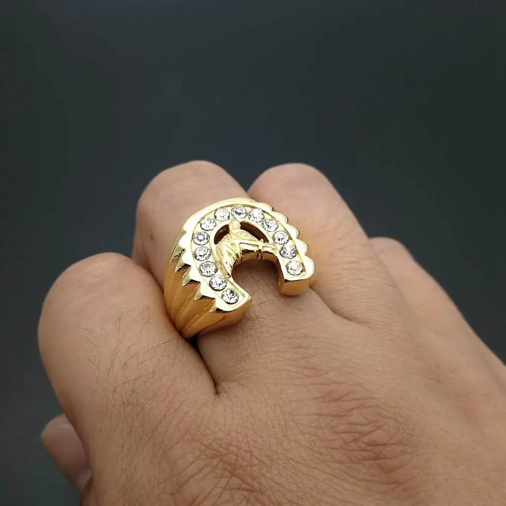 Hip hop jewelry stainless steel horse head crystal horseshoe rings men
