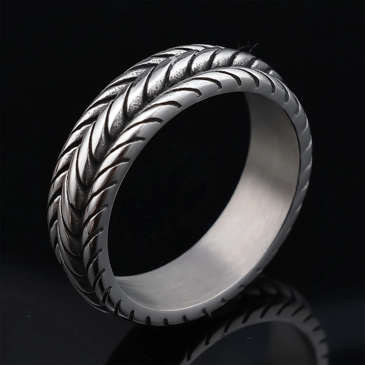 Hip Hop 8mm Width Stainless Steel Tire Tread Motorcycle Biker Groove Rings for Him Her Jewelry Gifts Size 7-13