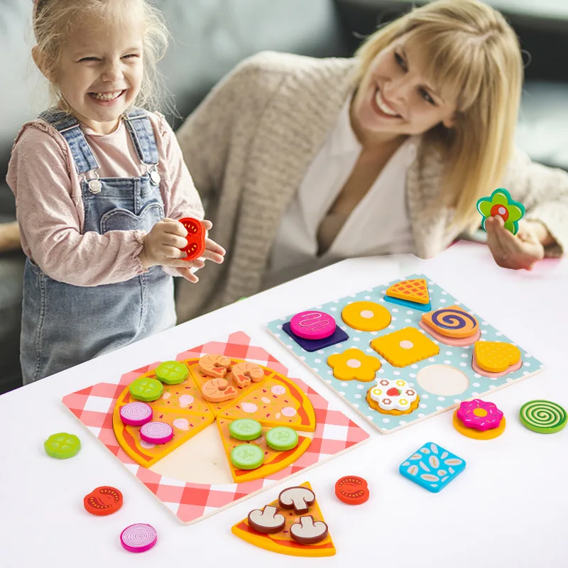 Montessori Education Pizza cookie bake Wooden Toy Set 3D Jigsaw Puzzle Pretend Kitchen Toys For Kids Toddler Boys and Girls