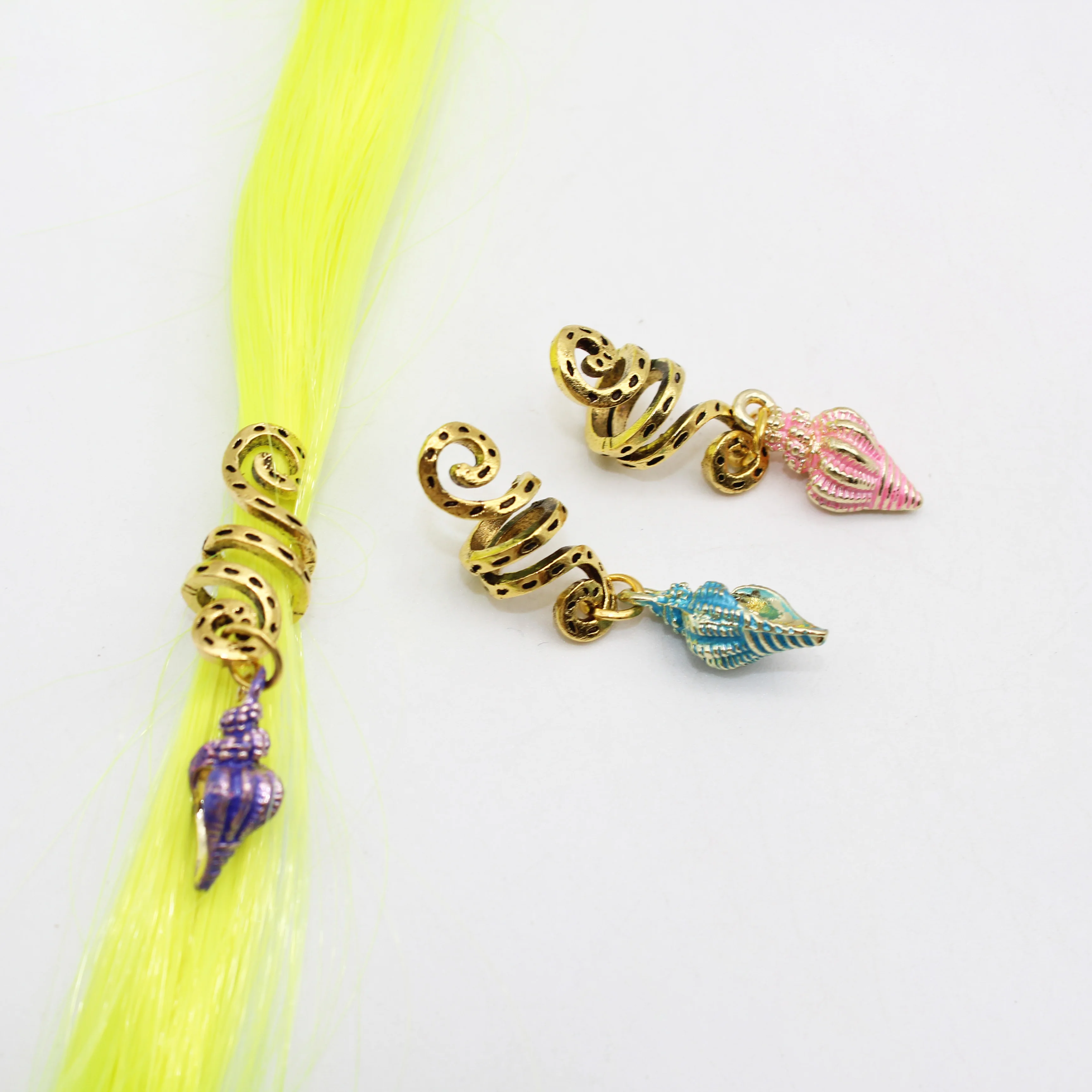 Jachon golden hair rings braid cuffs braids dreadlock Retro alloy drop oil conch pendant headpiece hair accessories