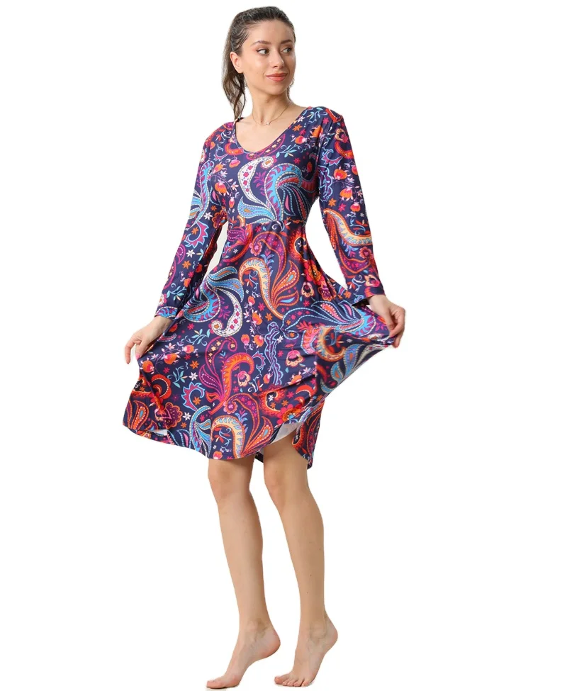 Four Seasons Wholesale Ultra Soft Fashion Women Full Long Sleeve Dress Hot Sale Vintage Paisley Flower Lady Dress with Pockets