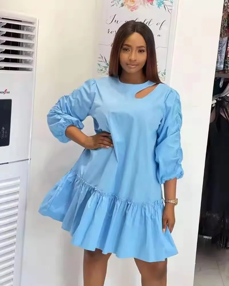 summer Fall 2022 women clothes ruffled pleated zipper solid color shirt T-shirt dress long-sleeved splicing casual dresses