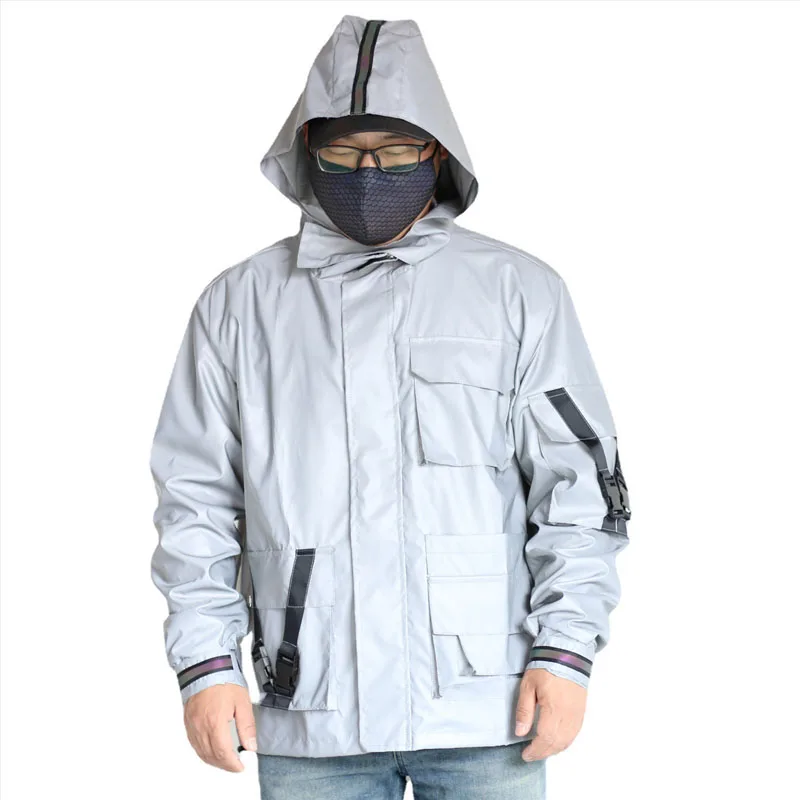 men blank silver gray zipper up hi viz hip hop light reflective waterproof windbreak hooded jacket coat windbreaker pullover