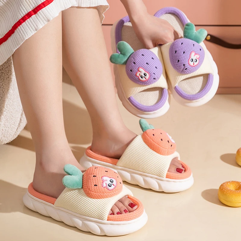 Factory Wholesale Cute Cartoon Sandals Women Summer Indoor Bedroom Soft Thick Soled Funny Shoes Beach Linen Slippers