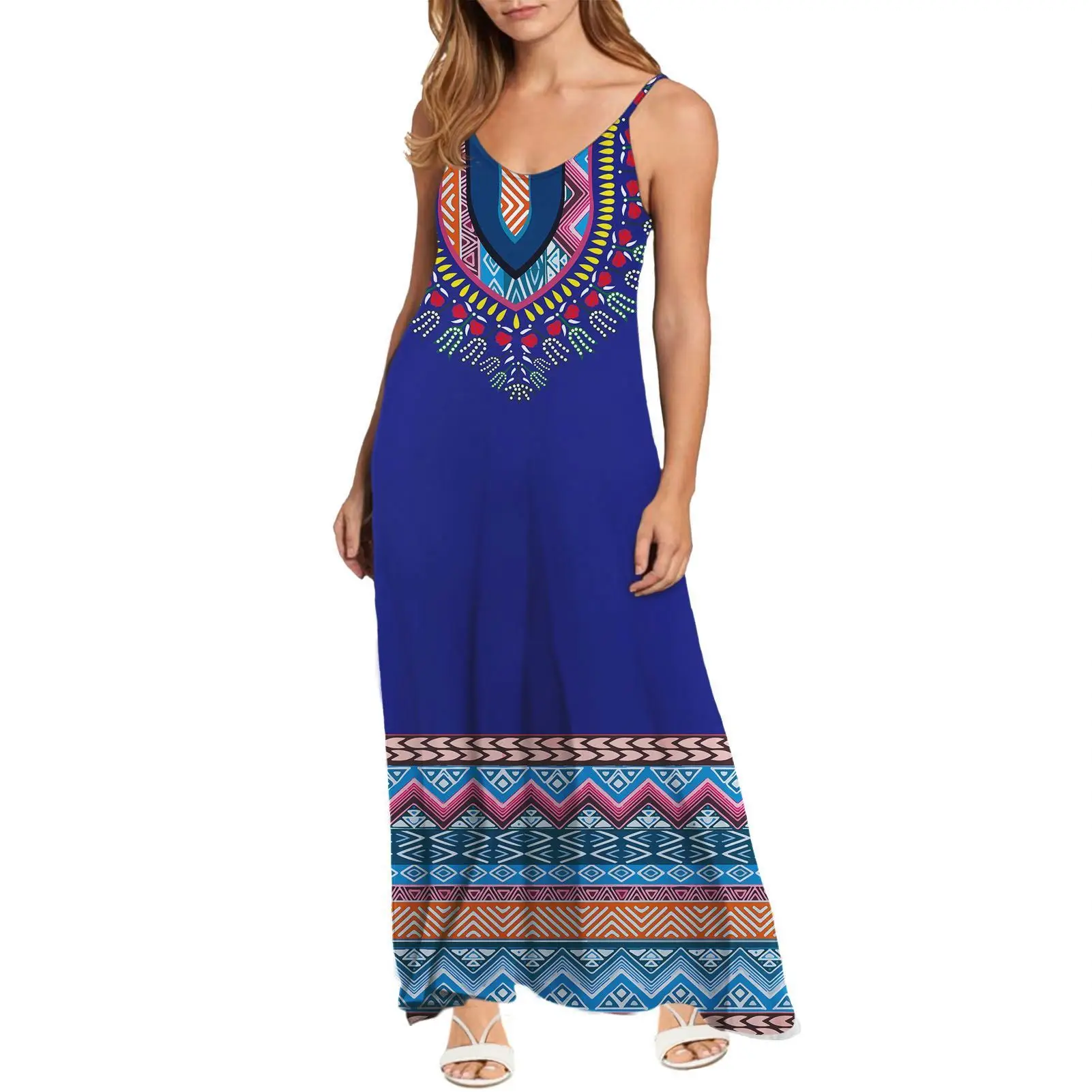 
African Print Kente Dashiki Style Long Dresses Women Maxi Casual V Neck Boho Adjustable Spaghetti Strap Ethnic Beach Long Dress 