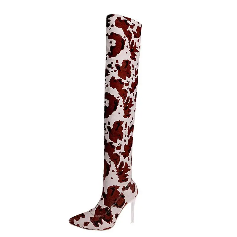 XINZI RAIN Western Women Long Boots Animal Print PU Leather 6-8cm Stiletto Heel Thigh High Women Over Knee Boot
