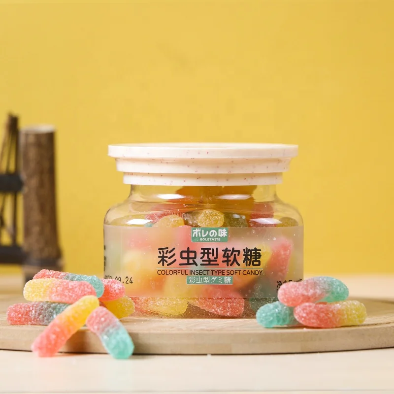 wholesale OEM Fruit Flavors Soft Gummy Candy Bottled more hygienic Jelly Sour Candy Natural Sour Worms Gummy snacks