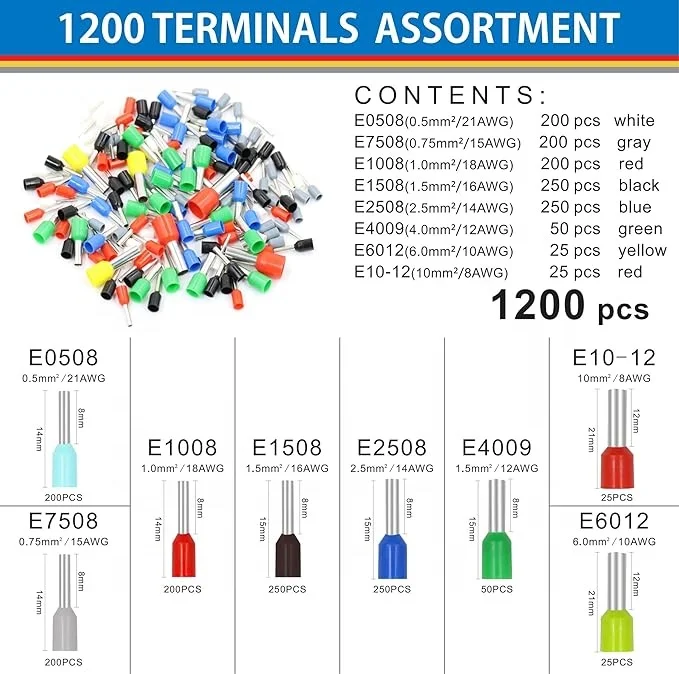 0.08-16mm Ferrule Crimping Tool Kit with 1200pcs Wire End-Sleeves Terminals Kit