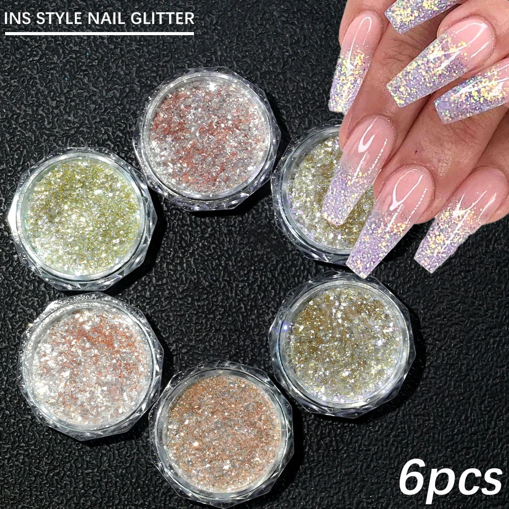 6pcs/set  Crystal Diamond Powder Rainbow Shiny Nail Art Glitter Pigment Holographic Micro Glass Manicure Decoration