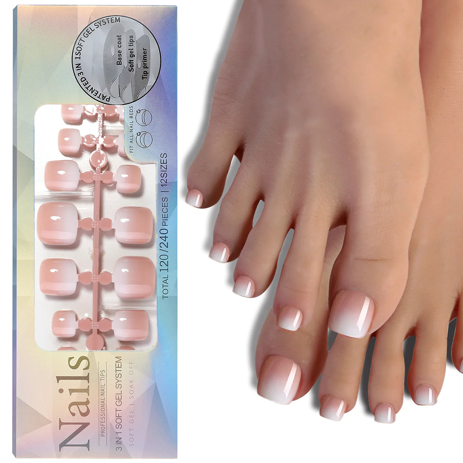 3 IN 1 coat tips 120 pcs full cover Private Label Toe Nails Custom Packaging Press On Nails Toenail Tips