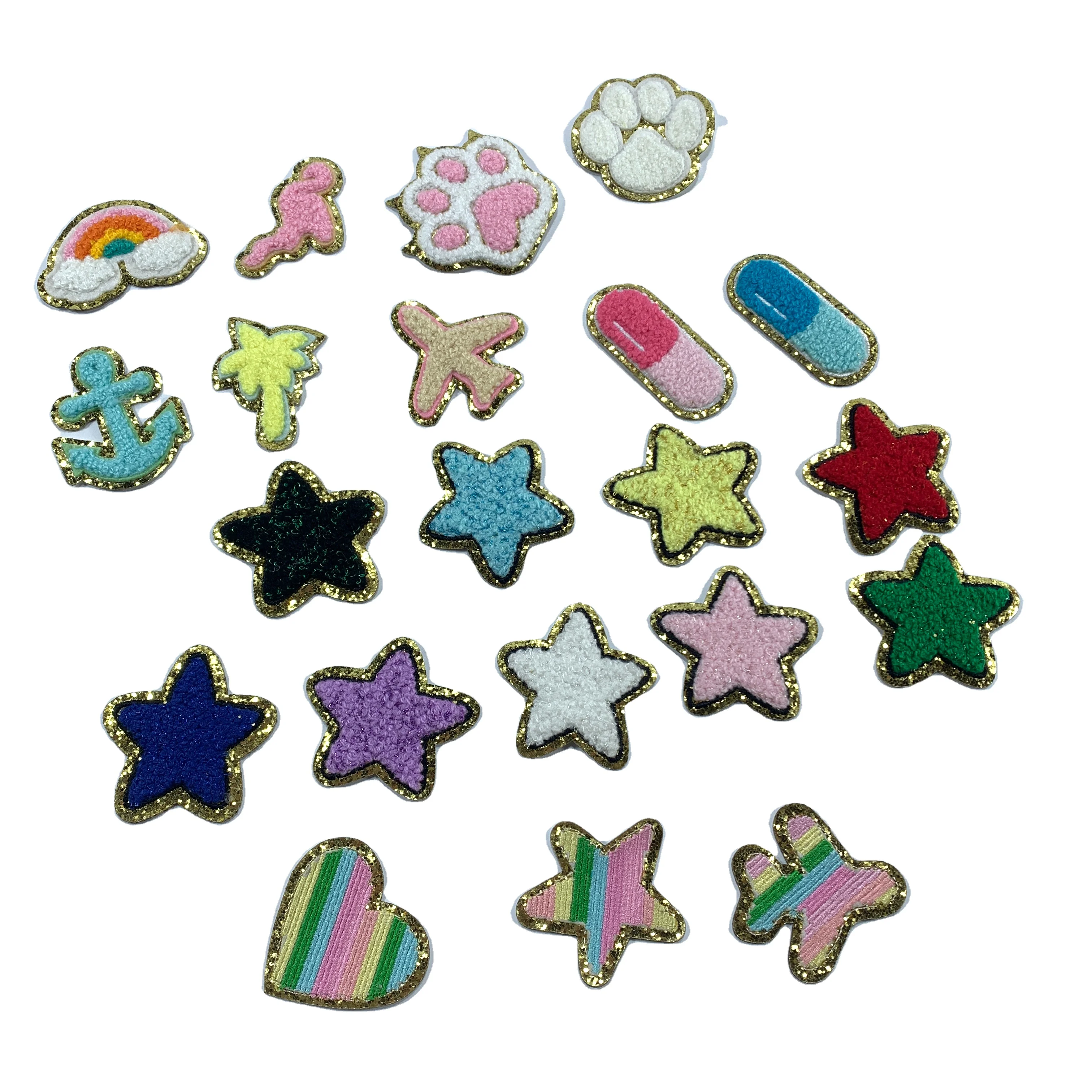 Wholesale Diy towel embroidery alphabet initial glitter letter patches stick on chenille colorful letters hearts patches