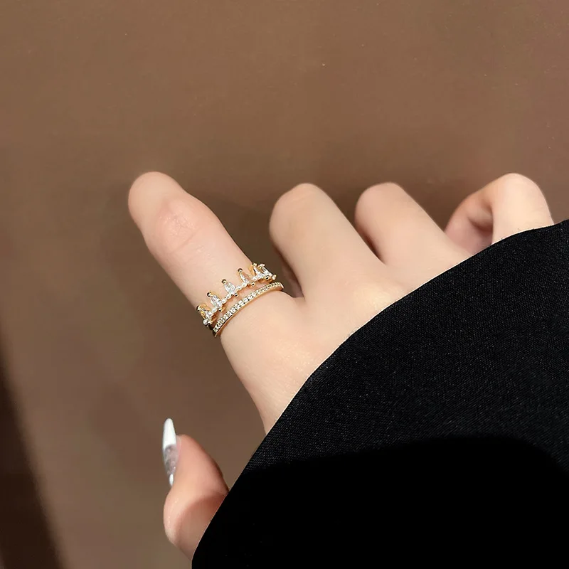 18K gold crown diamond ring female simple Korean style design open index finger ring